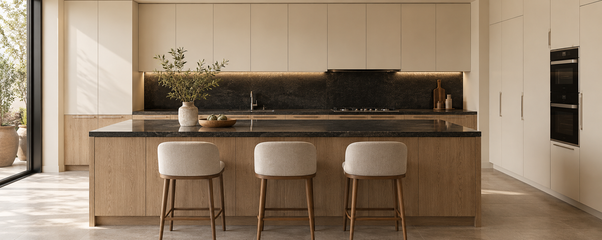 Propuesta de cocina con isla, madera natural, gabinetes claros y cubierta de piedra negra.