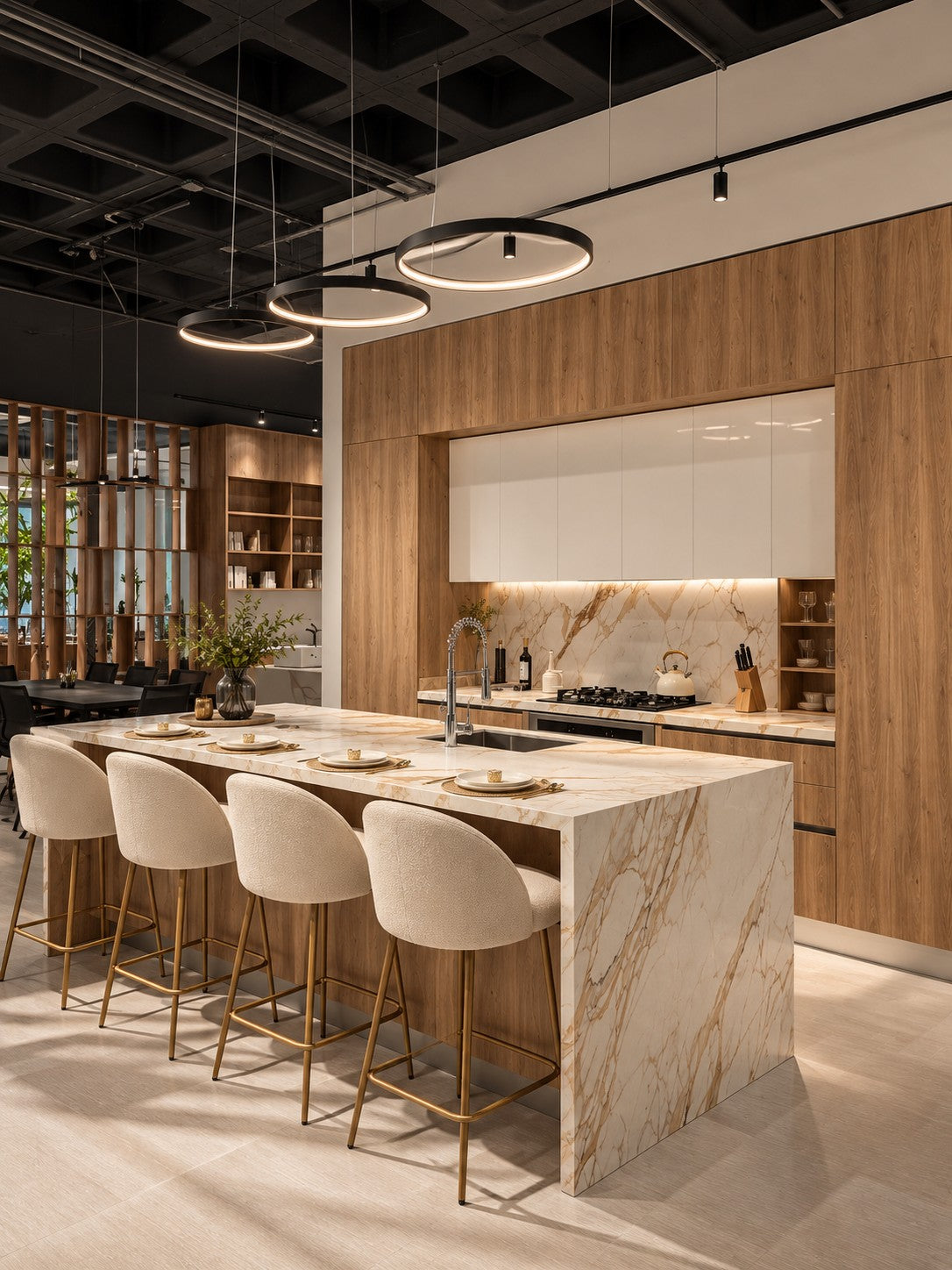 Cocina GRAVITA en madera con isla de mármol y barra